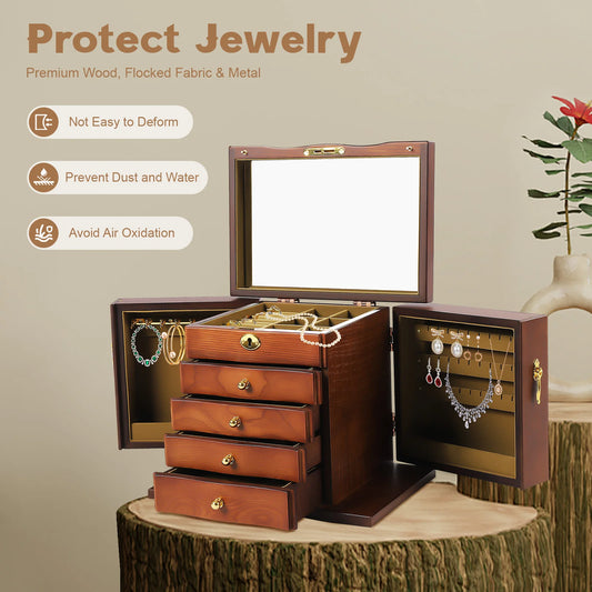 Boîte à Bijoux en Bois Marron avec Serrure – Tiroirs Style Rétro