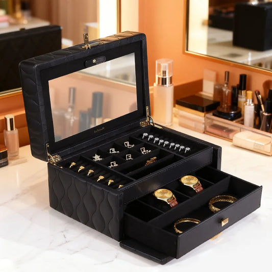 Boîte à Bijoux en Cuir Piqué – Grande Capacité avec Miroir