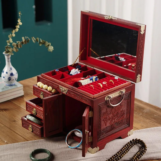 Boîte à Bijoux en Bois Sculpté – Grande Capacité avec Miroir