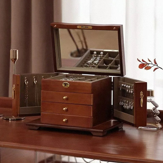 Boîte à Bijoux en Bois de Noyer – 6 Compartiments avec Miroir