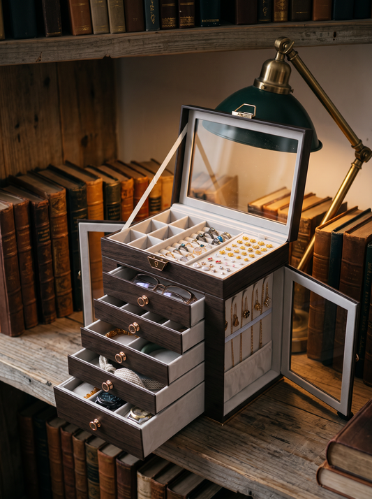 Boîte à Bijoux Multi-Niveaux 6 Étages – Fenêtres, Style Bois Vintage