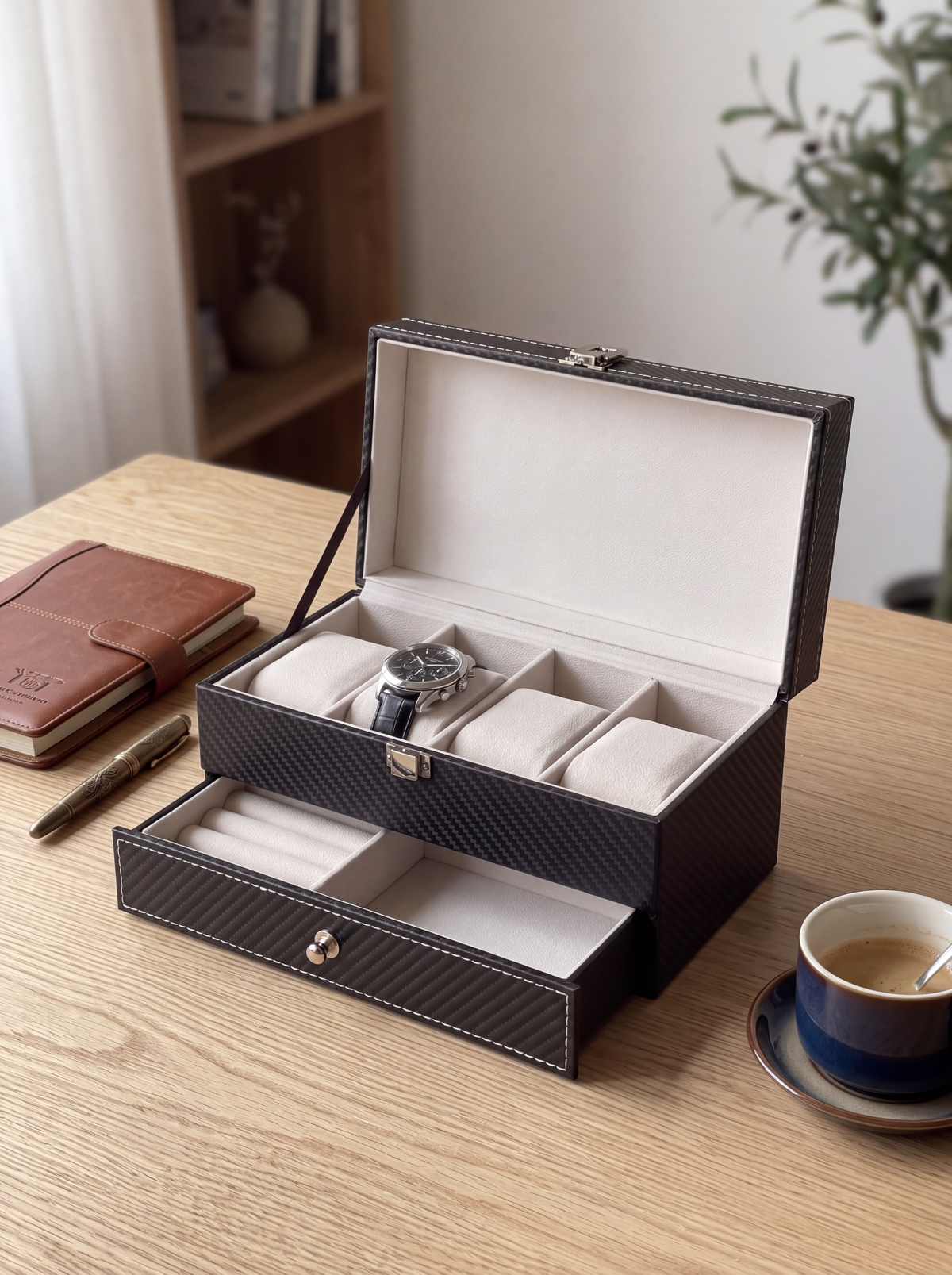 Boîte à Montre Homme Double Niveau Cuir PU Noir – Coffret Cadeau avec Coussin