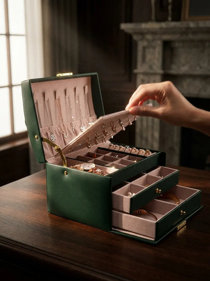 Grande Boîte à Bijoux verte en Cuir