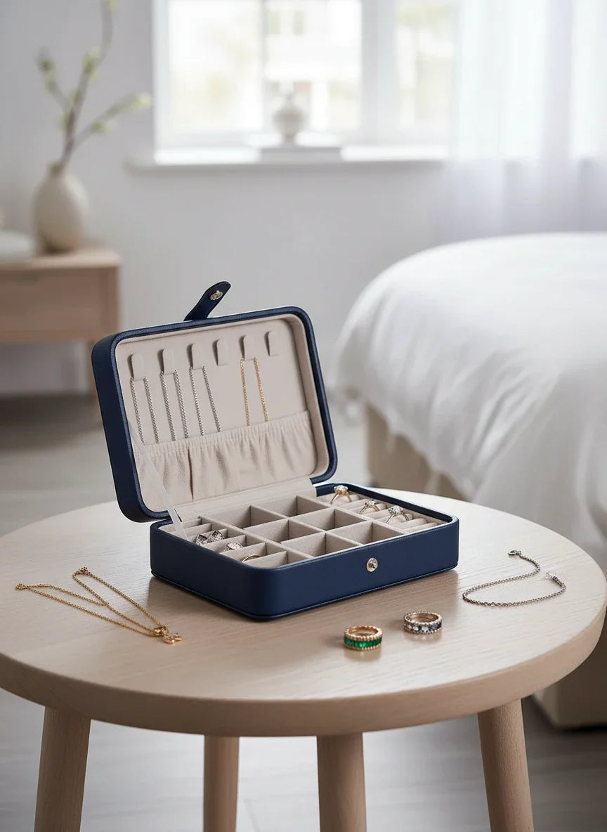 Boîte à bijoux cuir bleu – Rangement soigné