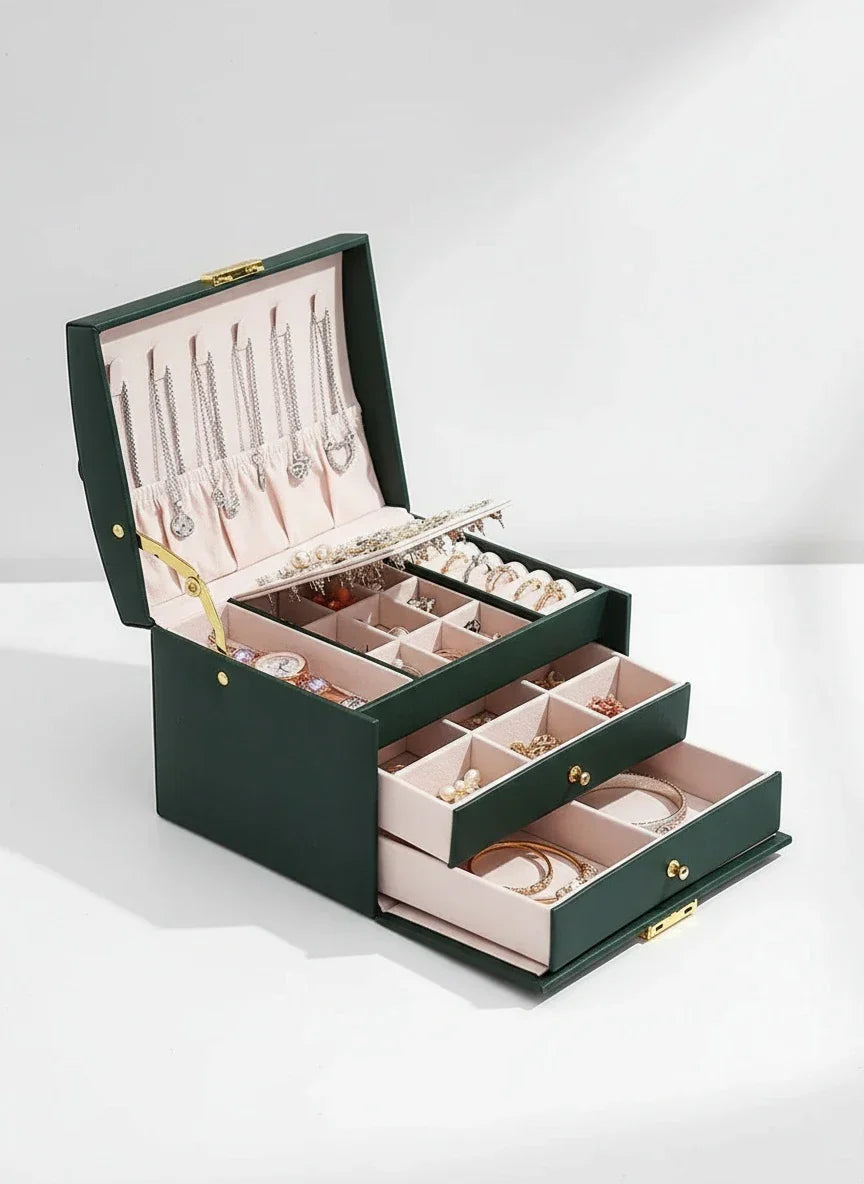 Grande Boîte à Bijoux verte en Cuir