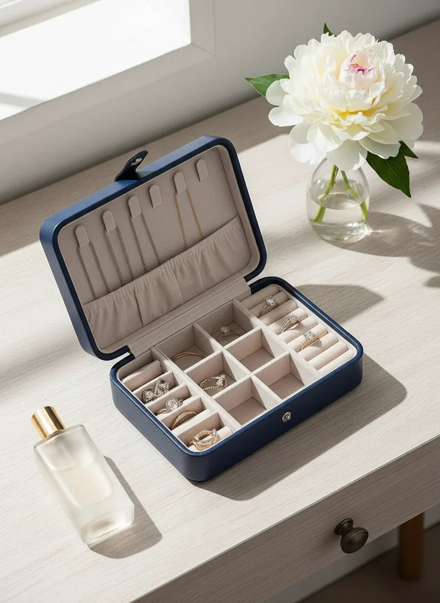 Boîte à bijoux cuir bleu – Rangement soigné