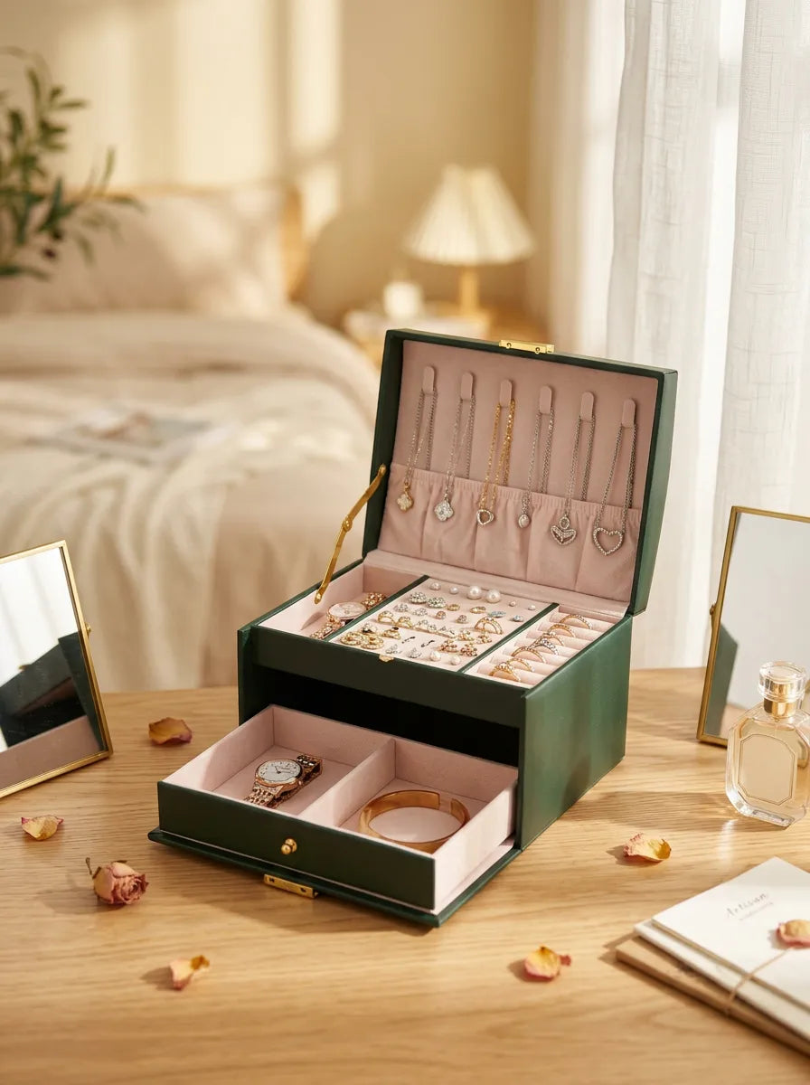 Grande Boîte à Bijoux verte en Cuir