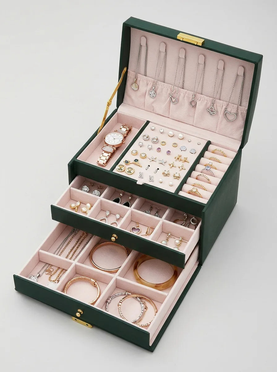 Grande Boîte à Bijoux verte en Cuir