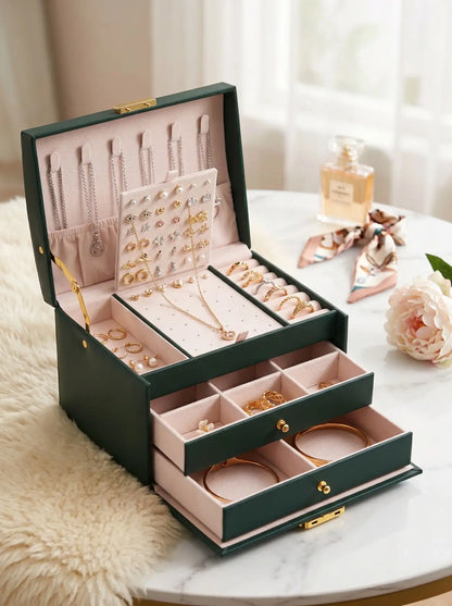 Grande Boîte à Bijoux verte en Cuir