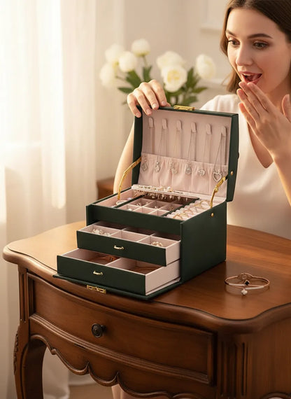 Grande Boîte à Bijoux verte en Cuir