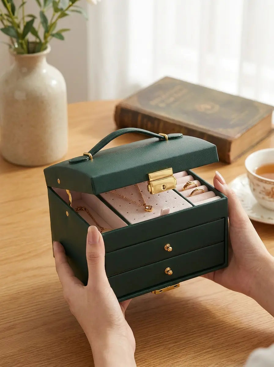 Grande Boîte à Bijoux verte en Cuir