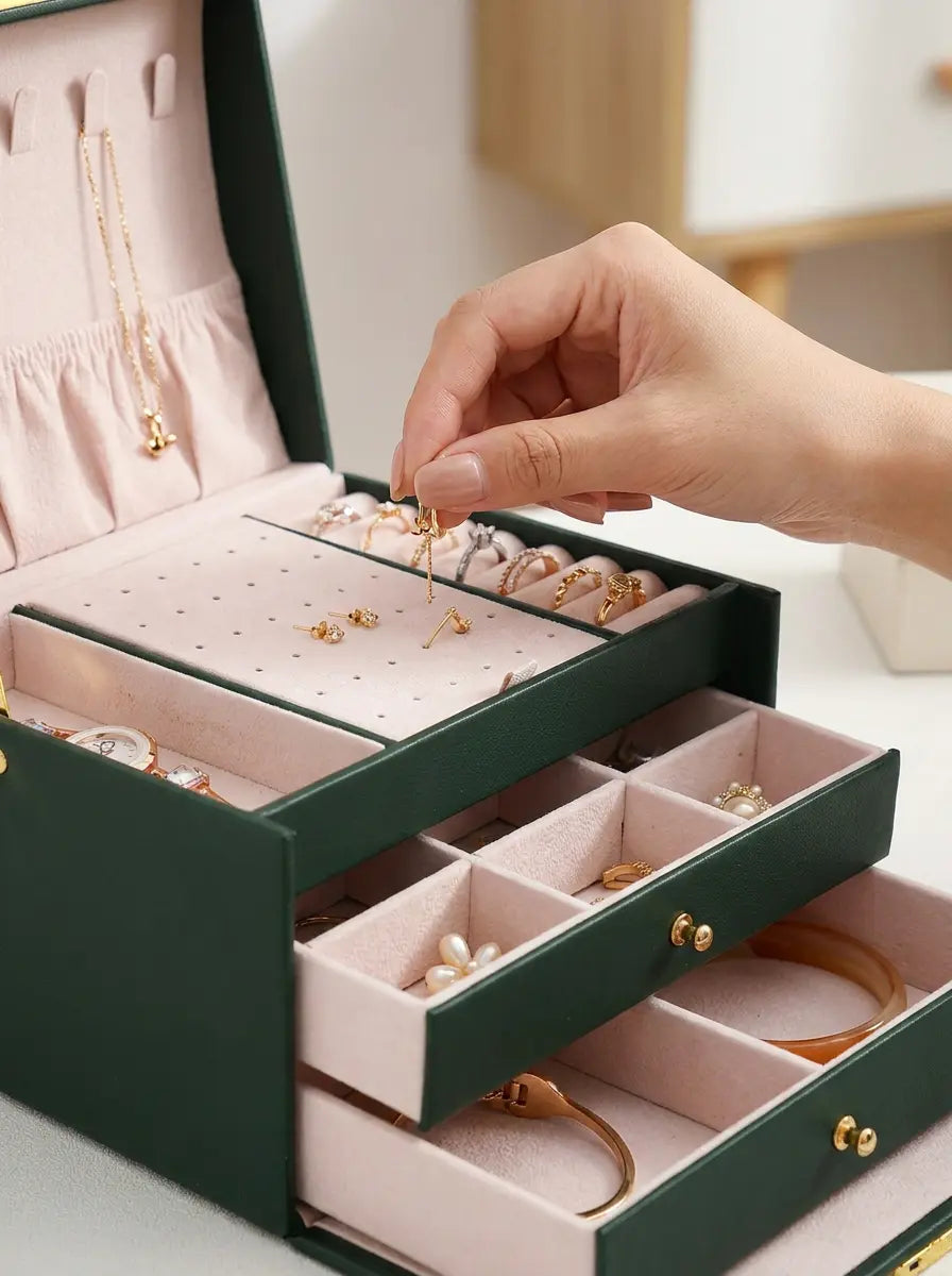 Grande Boîte à Bijoux verte en Cuir