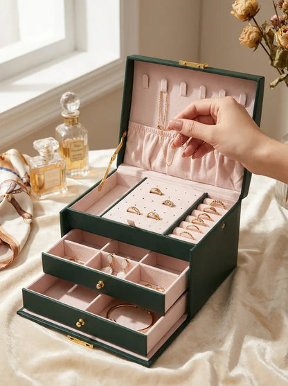Grande Boîte à Bijoux verte en Cuir