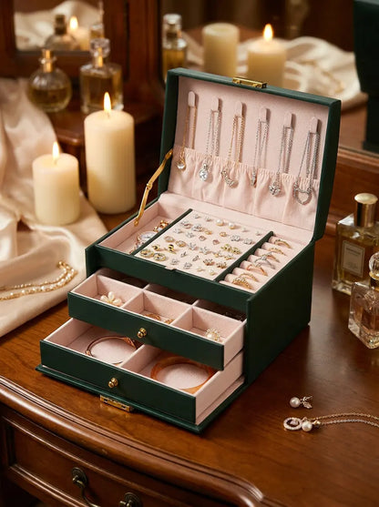 Grande Boîte à Bijoux verte en Cuir