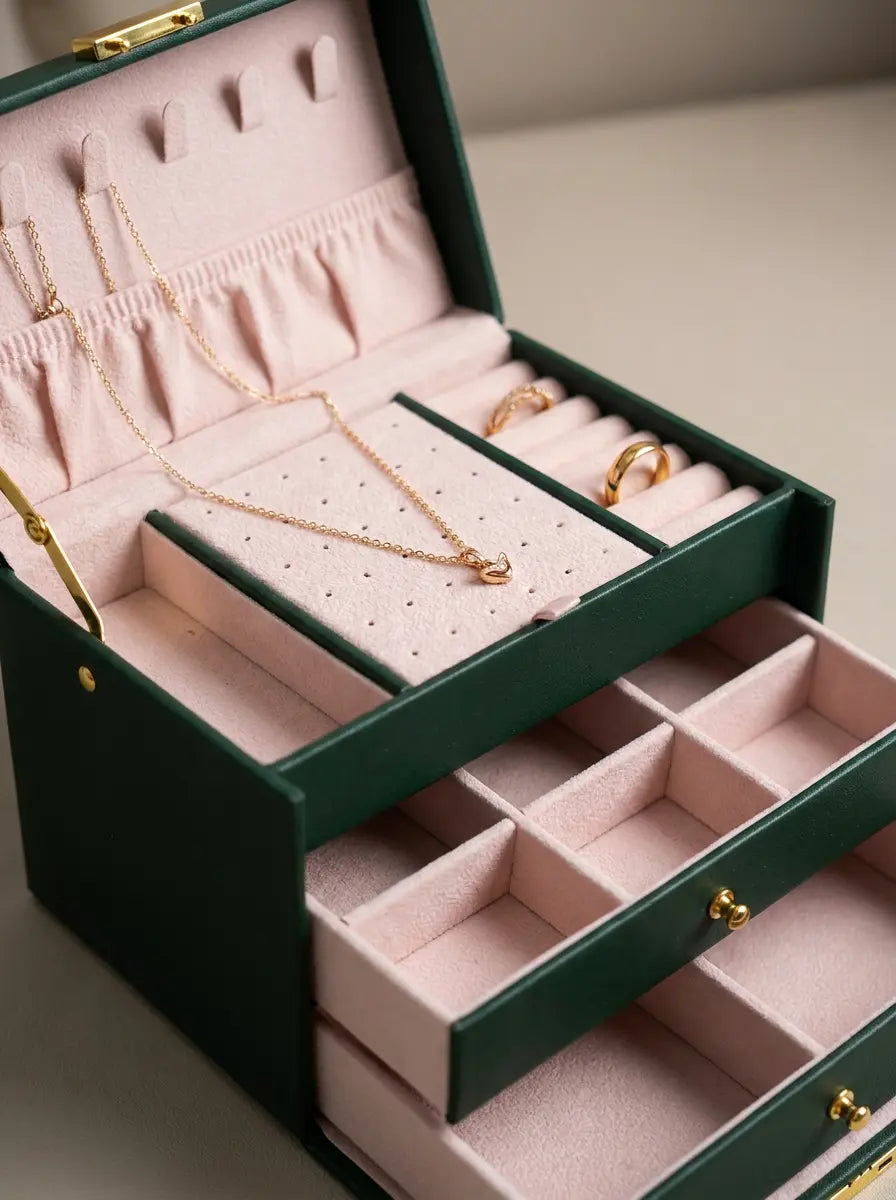 Grande Boîte à Bijoux verte en Cuir