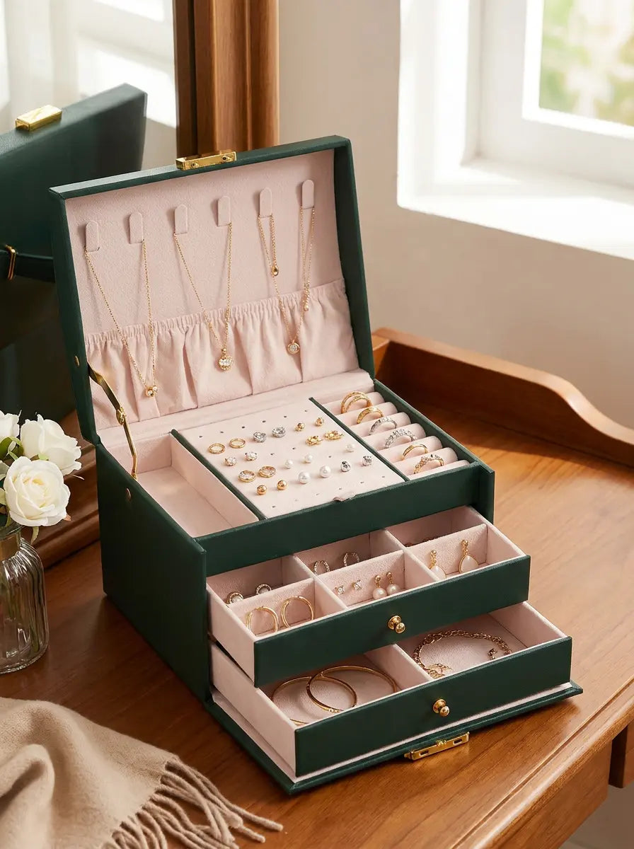 Grande Boîte à Bijoux verte en Cuir