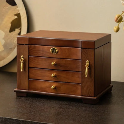 Boîte à Bijoux en Bois Massif Rétro – Grande Capacité avec Miroir