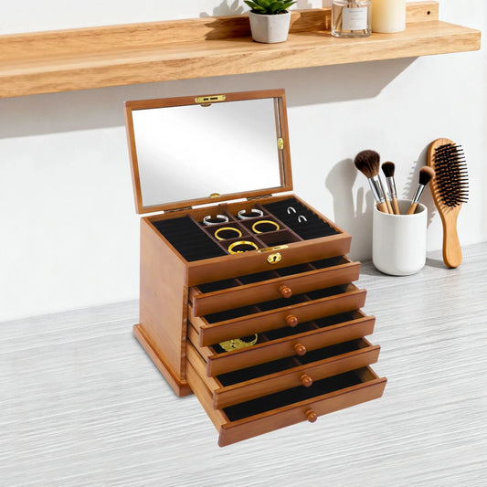 Boîte à Bijoux en Bois 6 Tiroirs avec Miroir – Finition Trèfle Vintage