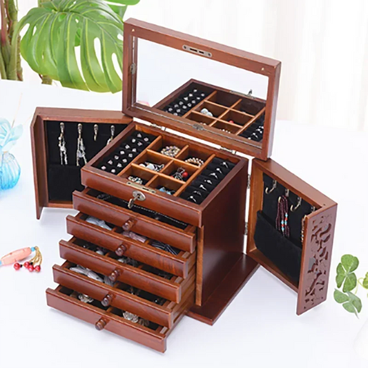 Boîte à Bijoux en Bois Gravé 6 Niveaux – Présentoir à Colliers