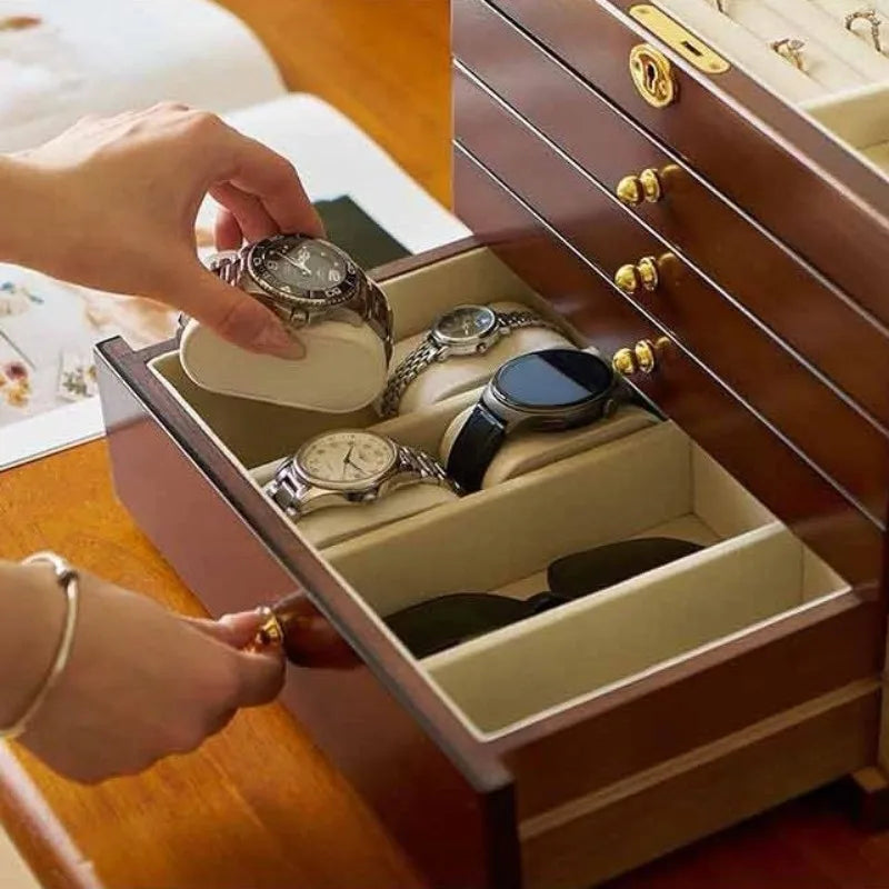 Boîte à Bijoux en Bois Massif – Compartiment Montres et Lunettes