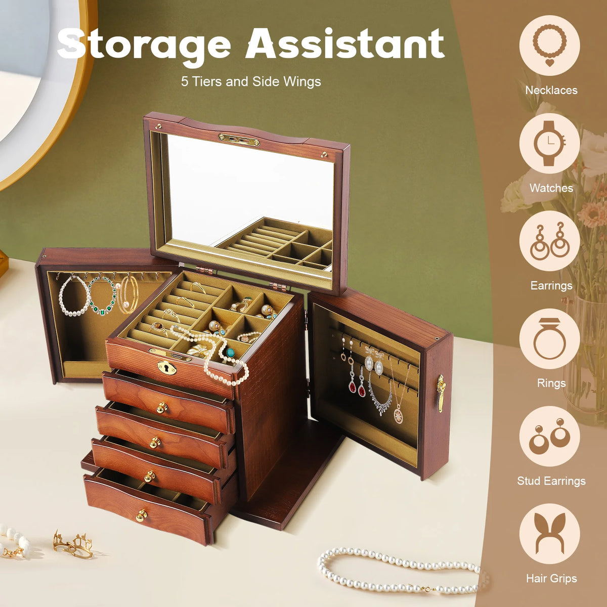 Boîte à Bijoux en Bois 5 Niveaux avec Miroir – 4 Tiroirs, Fermeture à Clé