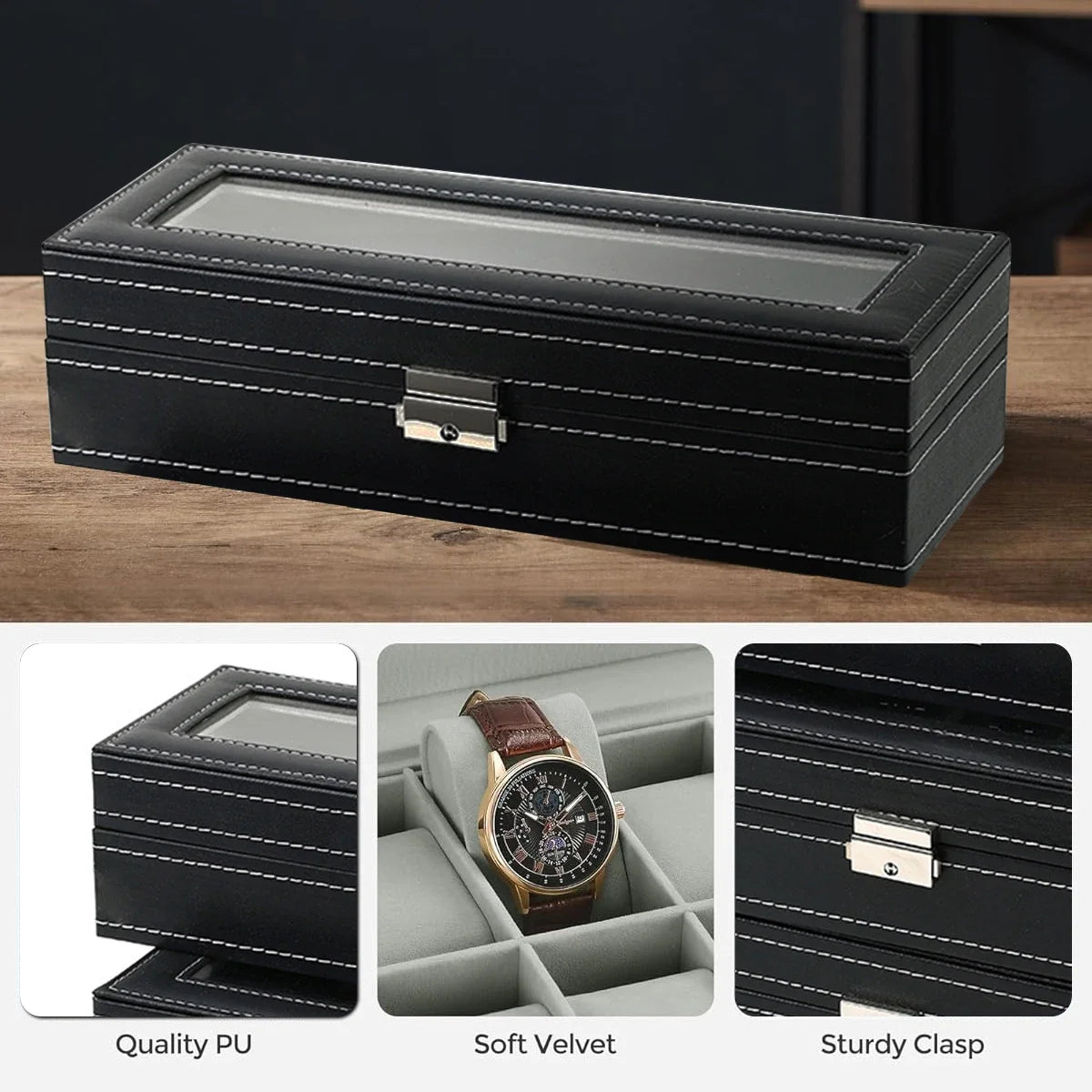 Boîte à Montre Homme 12 Compartiments Cuir PU Vert – Collection Vitrée