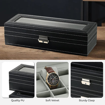 Boîte à Montre Homme 6 Compartiments Cuir PU Gris – Couvercle Vitré