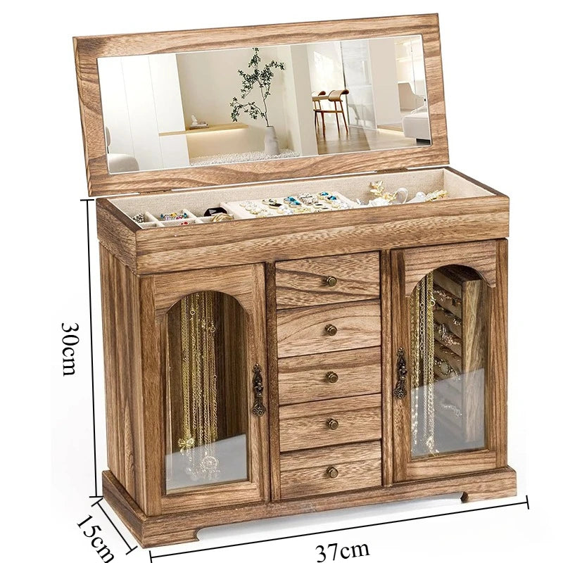 Grande Boîte à Bijoux en Bois Rétro – Format XL avec Miroir