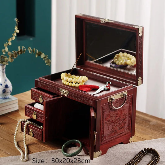 Boîte à Bijoux en Bois Sculpté – Grande Capacité avec Miroir