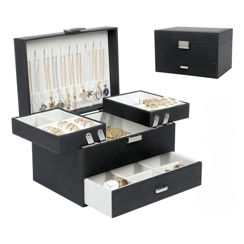 Boîte à Bijoux 3 Étages Simili Cuir Noir