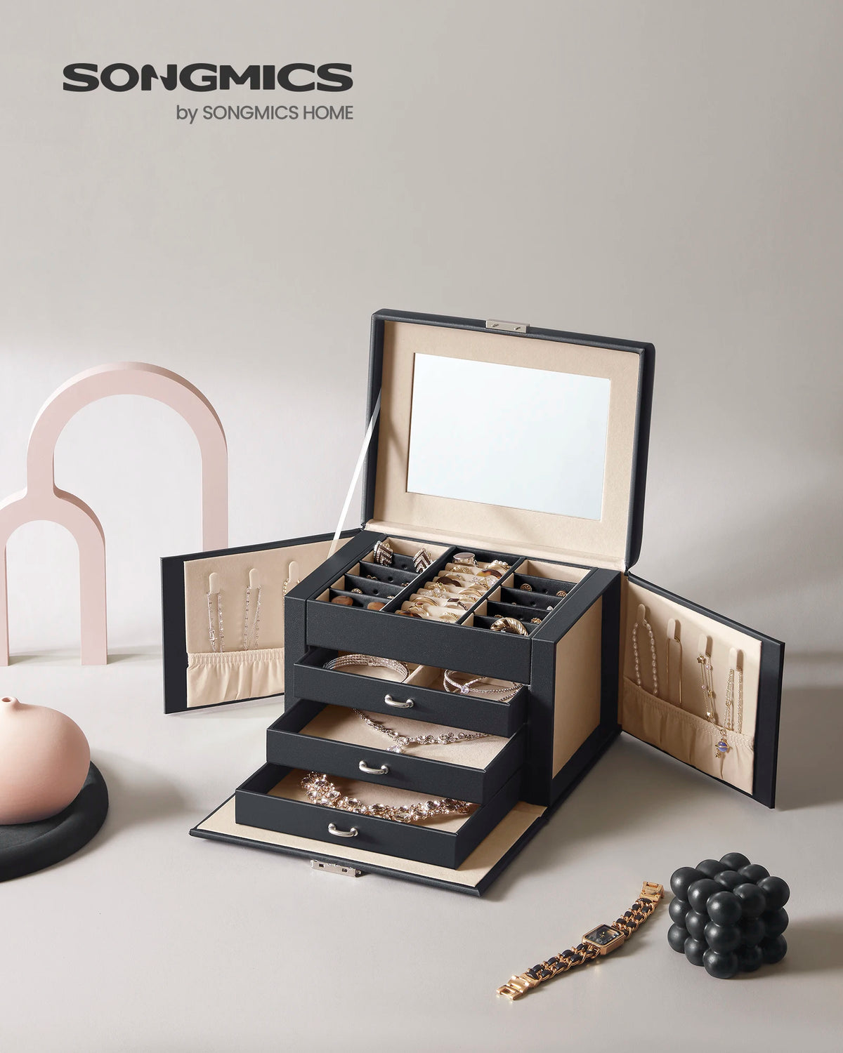 Boîte à Bijoux 4 Niveaux avec Poignées – 3 Tiroirs et Miroir