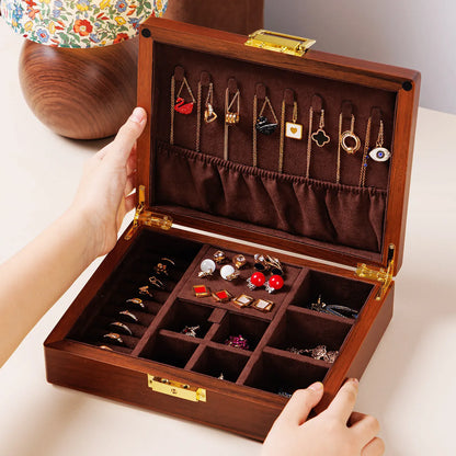 Boîte à Bijoux en Bois Massif Double Niveau avec Serrure