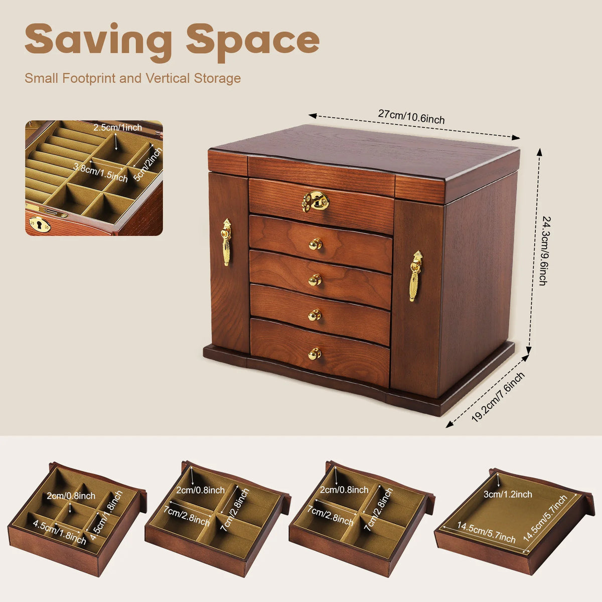 Boîte à Bijoux en Bois 5 Niveaux avec Miroir – 4 Tiroirs, Fermeture à Clé