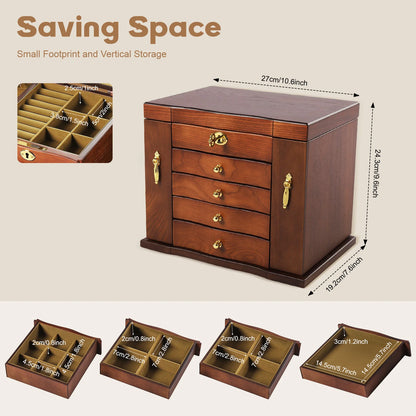 Boîte à Bijoux en Bois 5 Niveaux avec Miroir – 4 Tiroirs, Fermeture à Clé
