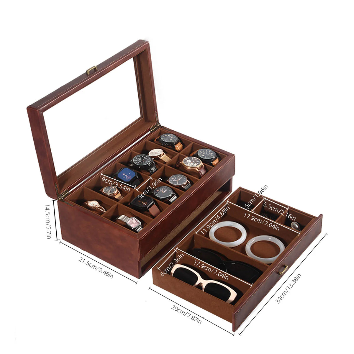 Boîte à Montre Homme 12 Compartiments Cuir Marron Vintage – Couvercle Vitré