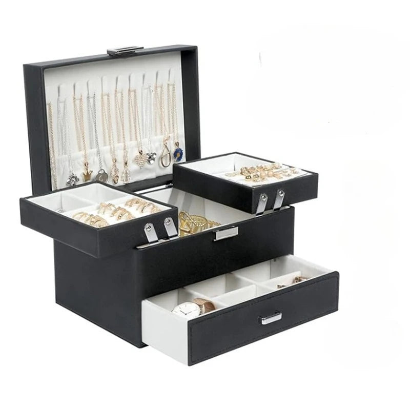 Boîte à Bijoux 3 Étages Simili Cuir Noir