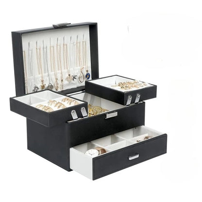 Boîte à Bijoux 3 Étages Simili Cuir Noir