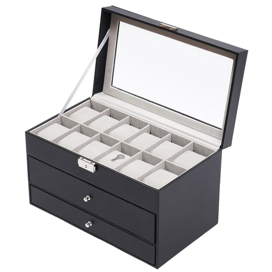 Boîte à Bijoux et Montres 12 Compartiments Noire – Similicuir