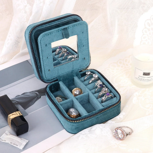 Boîte à Bijoux Losange Velours Bleu avec Miroir