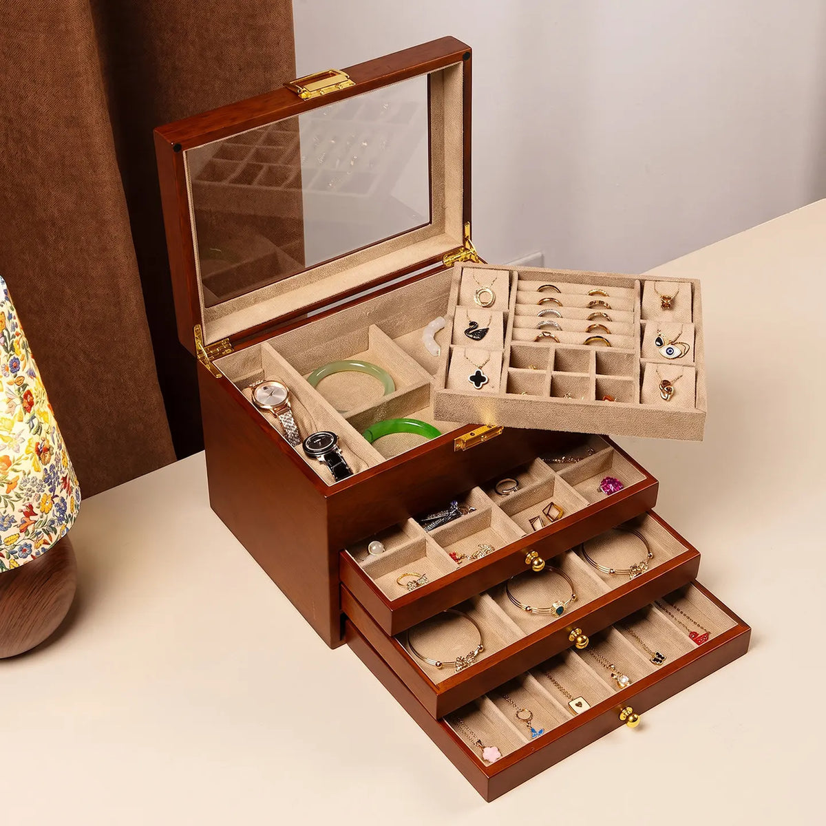Boîte à Bijoux en Bois Massif Double Niveau avec Serrure