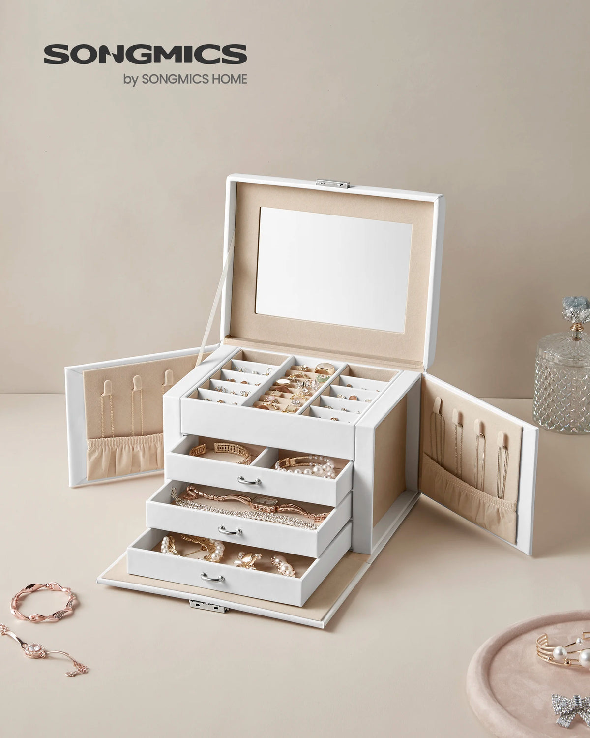 Boîte à Bijoux 4 Niveaux avec Poignées – 3 Tiroirs et Miroir