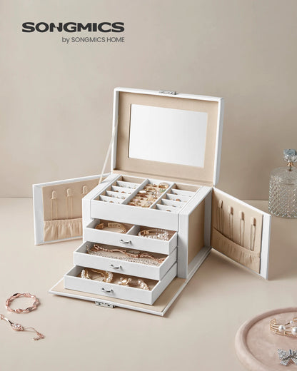 Boîte à Bijoux 4 Niveaux avec Poignées – 3 Tiroirs et Miroir