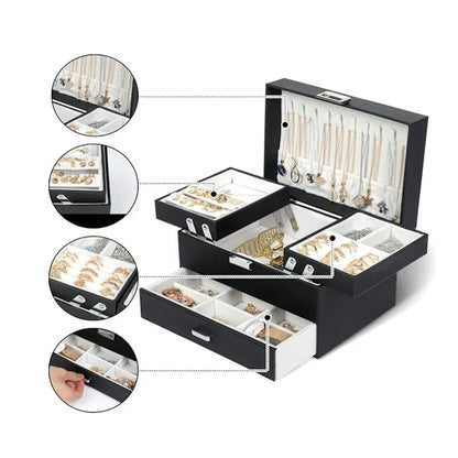 Boîte à Bijoux 3 Étages Simili Cuir Noir