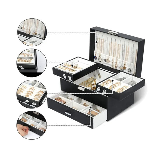 Boîte à Bijoux 3 Étages Simili Cuir Noir