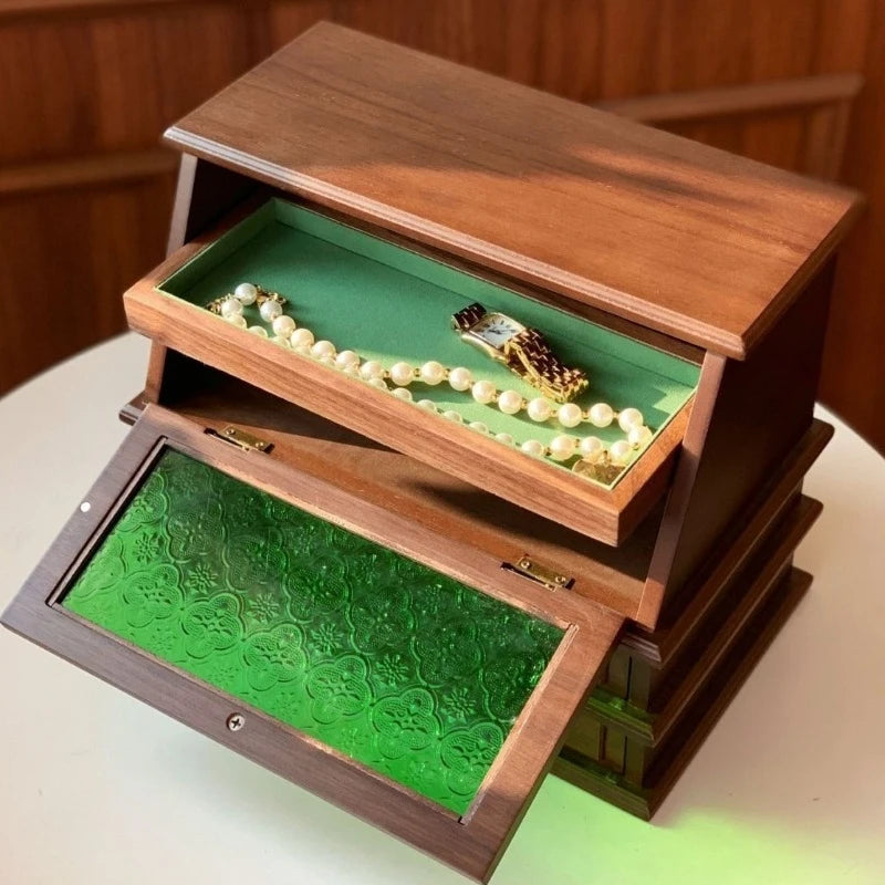 Boîte à Bijoux Vert Rétro en Bois – Grande Capacité