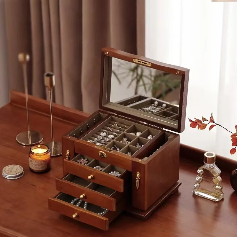 Boîte à Bijoux en Bois de Noyer – 6 Compartiments avec Miroir