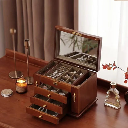 Boîte à Bijoux en Bois de Noyer – 6 Compartiments avec Miroir