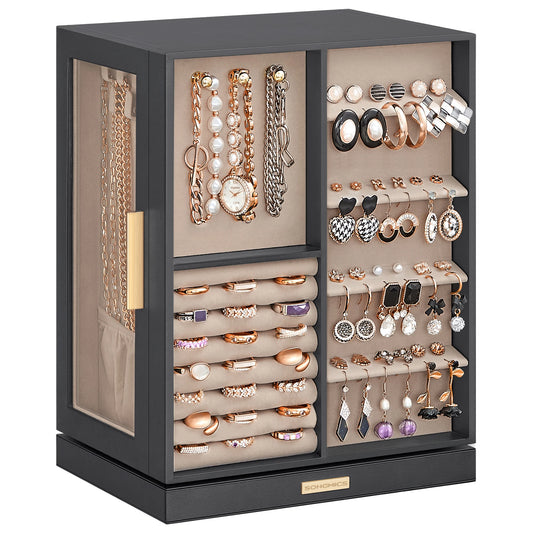 Boîte à Bijoux Rotative 360° – 5 Tiroirs, Fenêtres en Verre