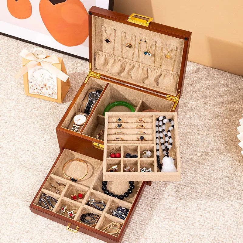 Boîte à Bijoux en Bois Massif Double Niveau avec Serrure