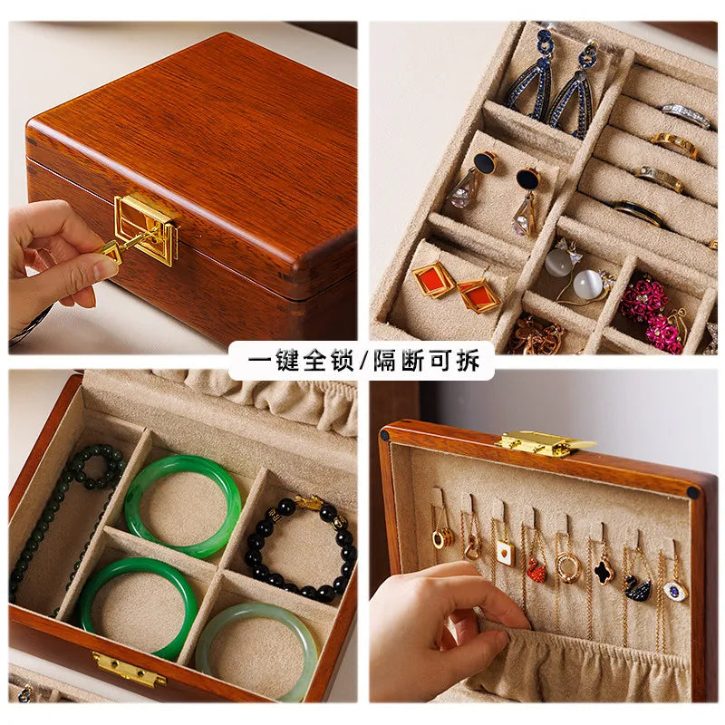 Boîte à Bijoux en Bois Massif Double Niveau avec Serrure